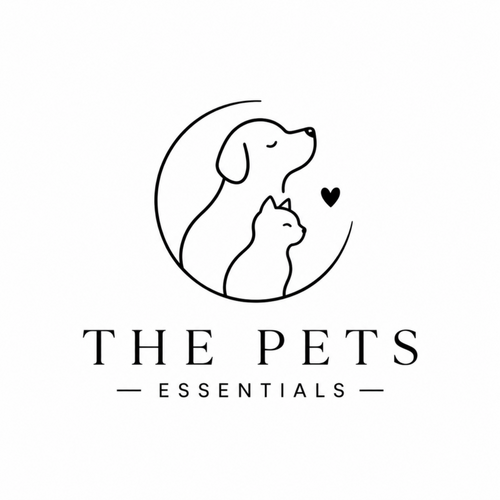 Logo of 'The Pets Essentials' with a design of a dog and a cat on a white background.